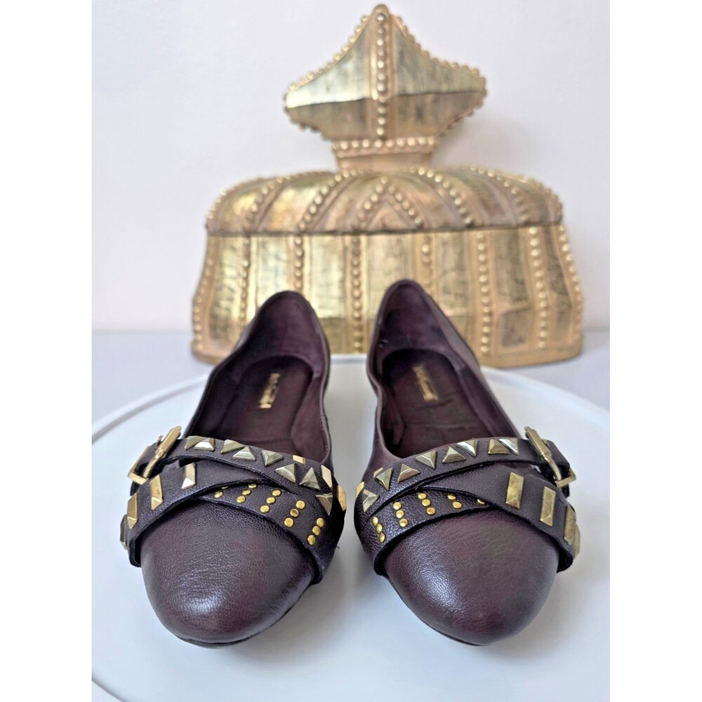 BCBGeneration Waverlie Brown Leather Studded Strap Pointed Toe Flats Sz 8.5 NEW
